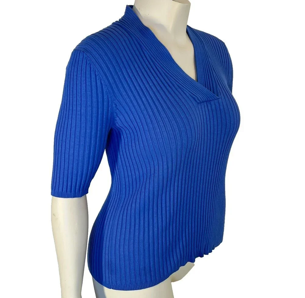 George Sweater Womens L Cornflower Blue Ribbed V-Neck Half Sleeve